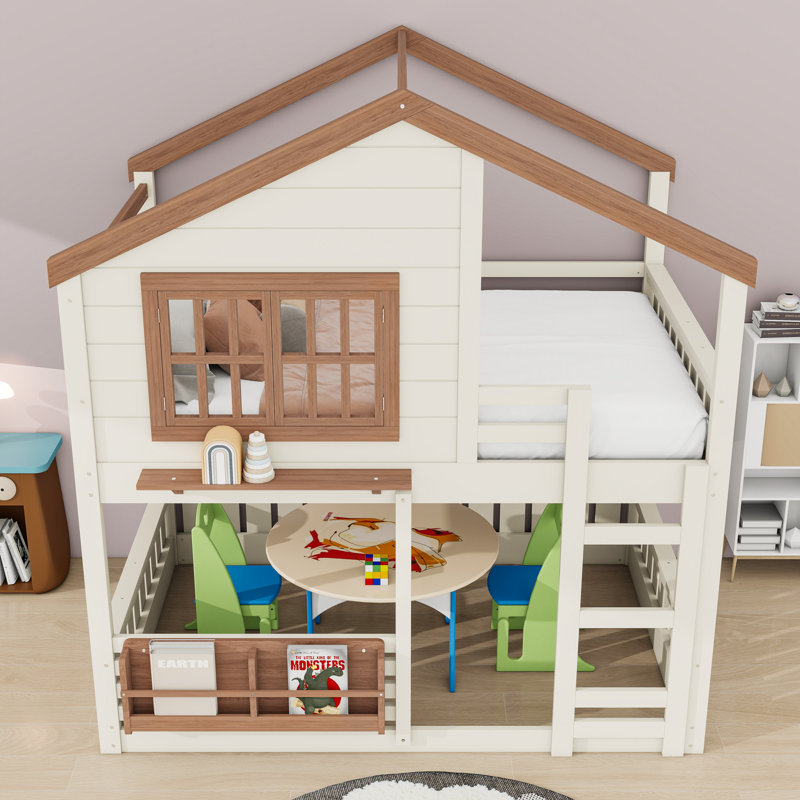 Lit superposé en bois avec bibliothèque intégrée, garde-corps et échelle, Lit superposé double sur double, Beige / Naturel