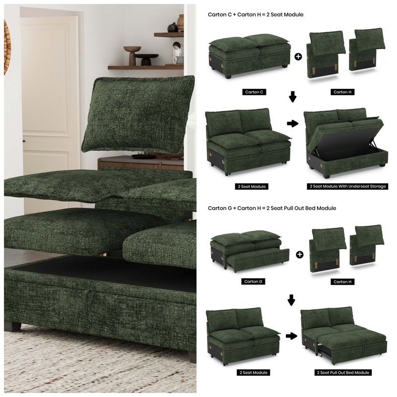Petit canapé-lit en L en forme de chenille Luna, Chenille verte