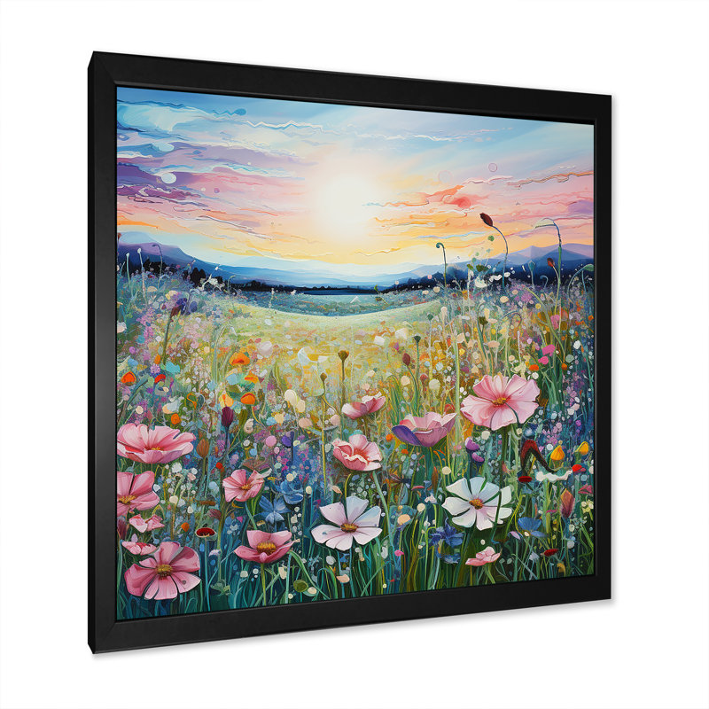 Fleurs roses dans un paysage de vallée sur toile, H 36 po x l 36 po x P 1,5 po, Cadre simple noir