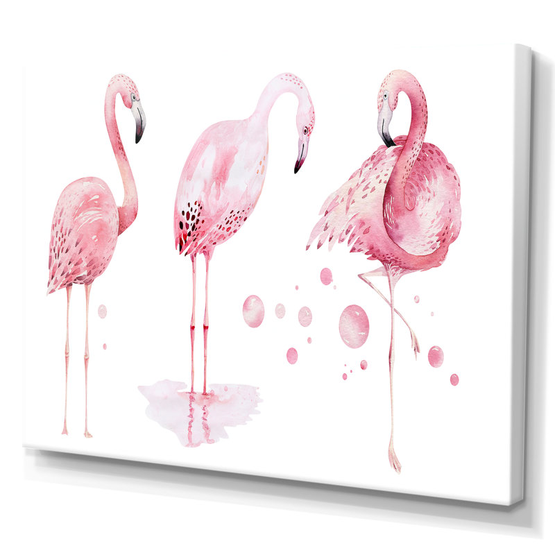 Flamants roses sur fond blanc, reproduction sur toile, H 30 po x l 40 po, Toile tendue