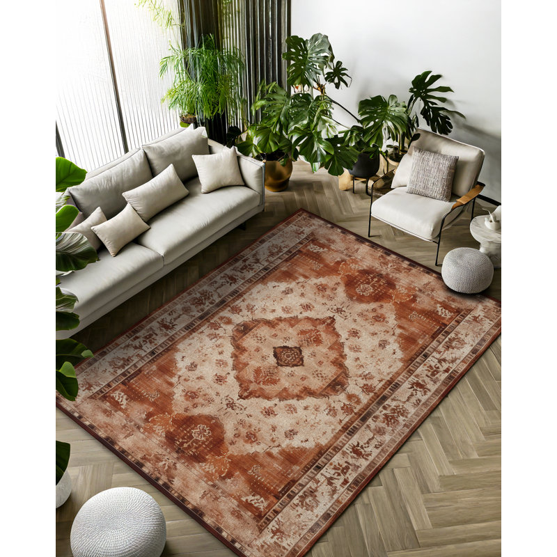 Gracianna Collection Digital Print Cotton-Polyester Brown Moroccan Rug, Rectangle 5'3" x 9'11"