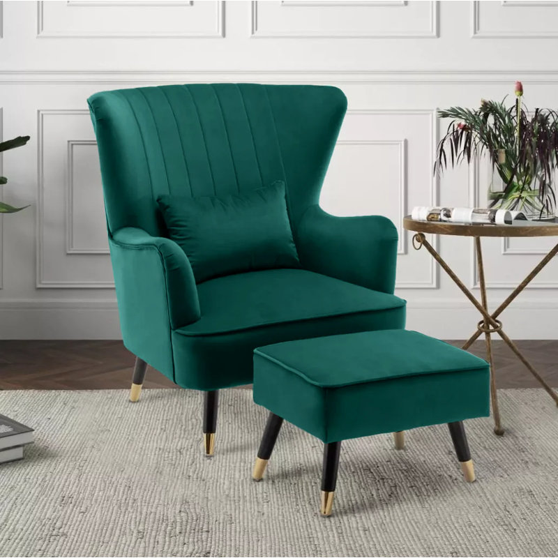 Ivanka 77Cm Wide Armchair and Ottoman, Emerald Green, Velvet