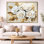 Toile florale feuille d'or, art mural rose blanche, roses blanches avec feuilles dorées