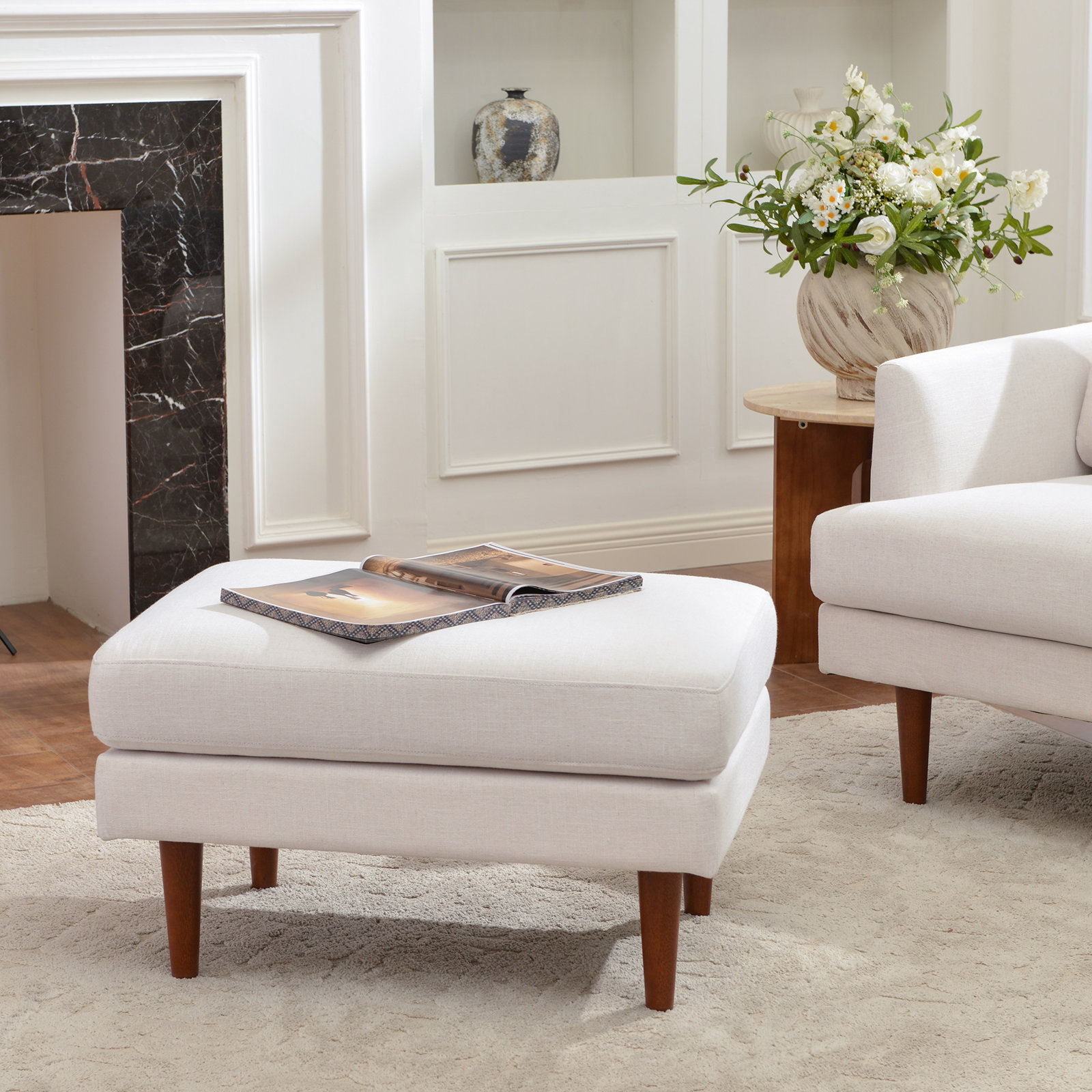 Miller Linen Ottoman, Ivory, 19" H x 32" W x 23" D