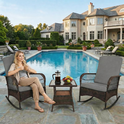 3-Piece Rocking Bistro Set, PE Wicker Outdoor Conversation Chairs with Cushions & Tempered Glass Table, Grey Rocking Chair Set for Porch Lawn Garden Backyard Deck