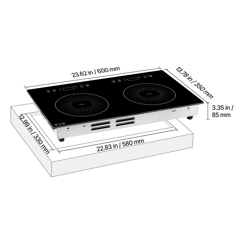 24-inch Induction Cooktop with Dual Burners, Built-in Electric Stove, 110V 1800W, Continuous Low-Power Heating, Countertop Design, Adjustable 9 Power Levels, LED Touch Controls, Ceramic Glass Surface, Child Safety Lock for Home and RV Use