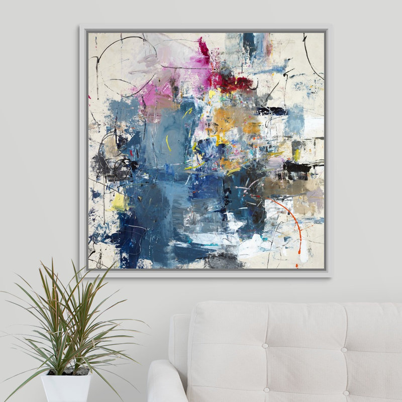 « justified play time », peinture sur toile, H 31,7 po x l 31,7 po x P 1,75 po, Cadre flottant blanc
