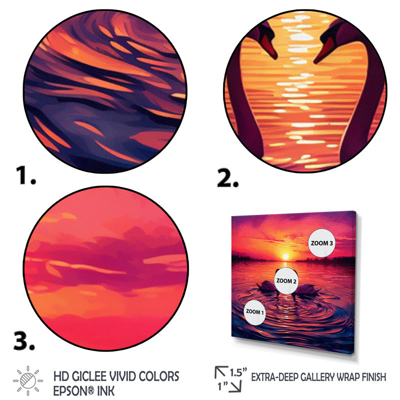 Cygnes amoureux, coucher de soleil romantique I, H 24 po x l 24 po, Cadre flottant noir
