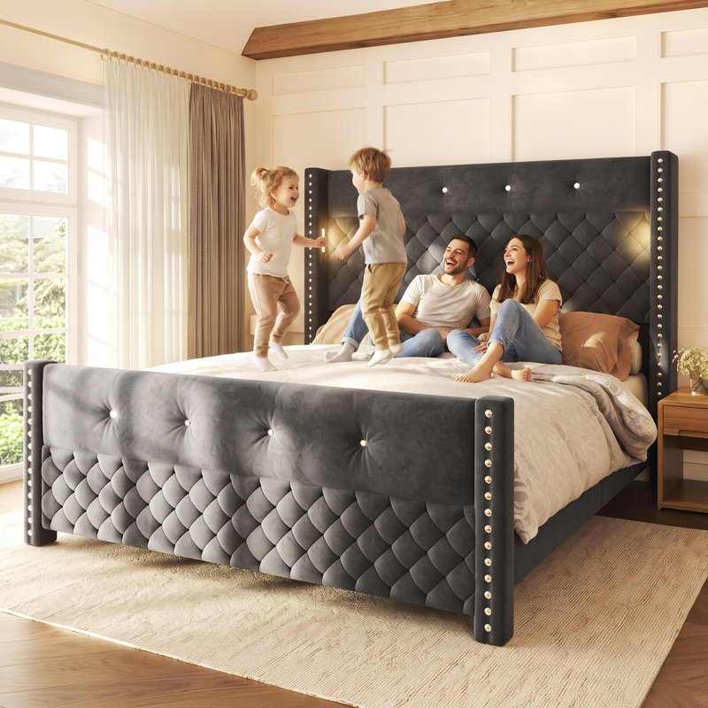 Upholstered Wingback Platform Bed, Queen