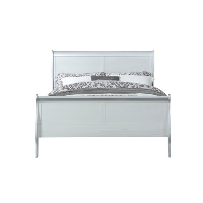 Lit simple avec finition platine, fabriqué en bois de pin massif, placage de gomme et panneau de particules, courbes gracieuses, profil bas, 3 lattes, sans rangement, gris argenté, l 85 po x P 47 po, H 46 lb