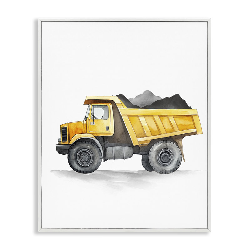 Camion à benne basculante jaune, H 14 po x l 11 po, Estampe numérique encadrée blanc bord de mer