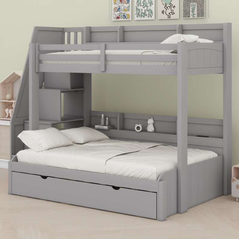 Multifunctional Storage Staircase Bunk Bed With Trundle And Integrated LED，USB，Shelves, Gray