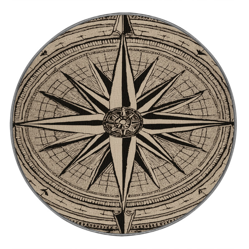 Washable Grand Compass Rose Coastal Area Rug, Round 7'