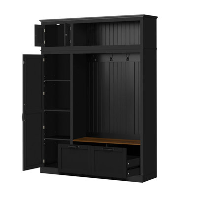 Multifunctional Entryway Organizer, 3-in-1 Farmhouse Hall Tree with Overhead Storage Cabinet, Adjustable Side Shelves, Heavy-Duty Hooks, Spacious Drawers and Grooved Back Panel, Practical Storage Bench for Home Entry