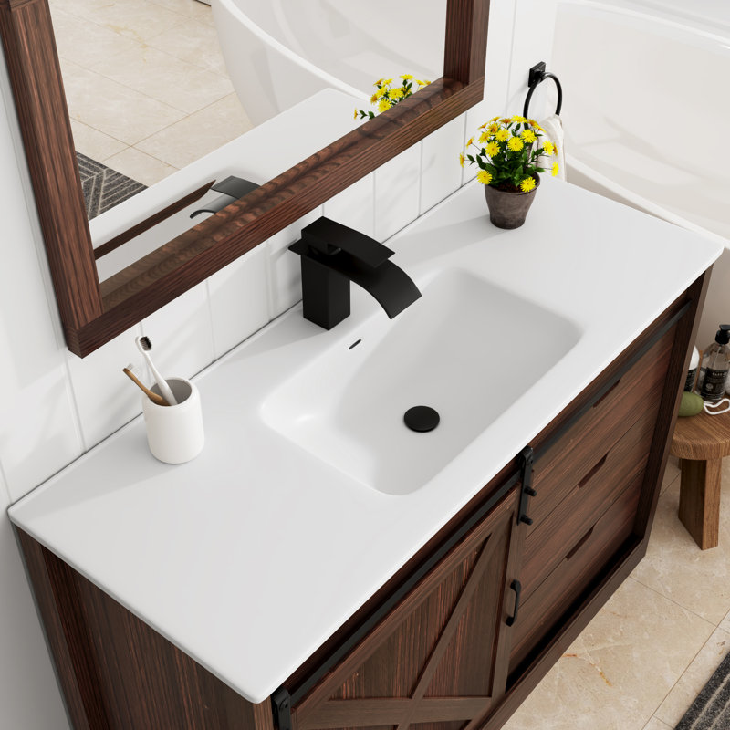 48" Bathroom Vanity With Sink, Faucet, Mirror, Sliding Barn Door, And Drawers, Brown, 48"