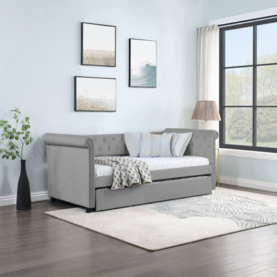 Daybed with Trundle Upholstered Tufted Sofa Bed, with Beautiful Round Armset Design, TWIN SIZE, Grey -  Winston Porter, D815E6B74F7C4374B6ABB2B927C984E3