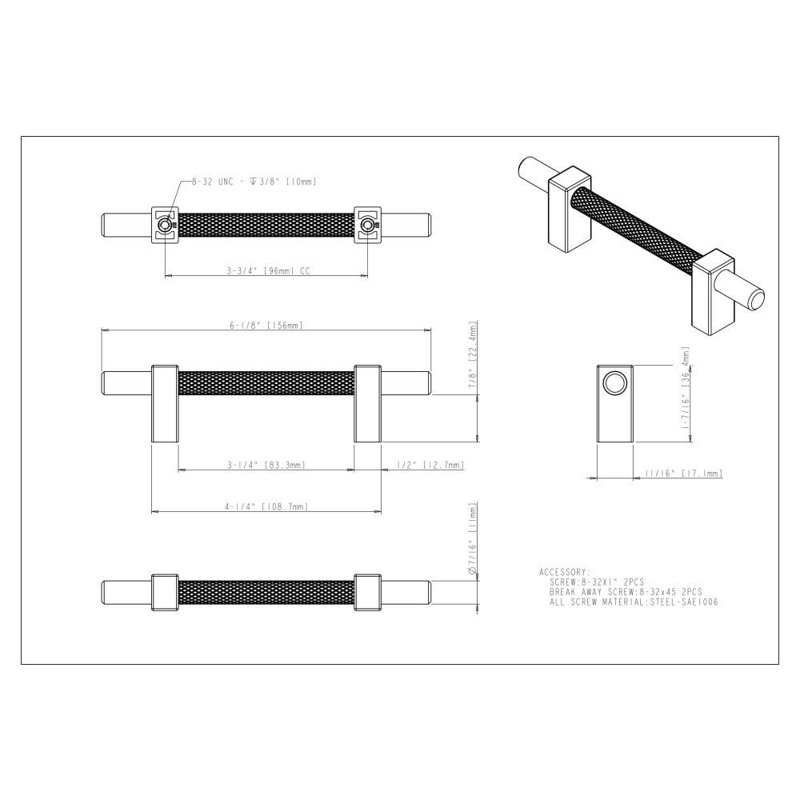 Larkin 3 Knurled Center Bar Pull, Satin Nickel, 12"
