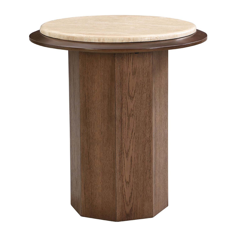 Round End Table, Travertine Top & Walnut