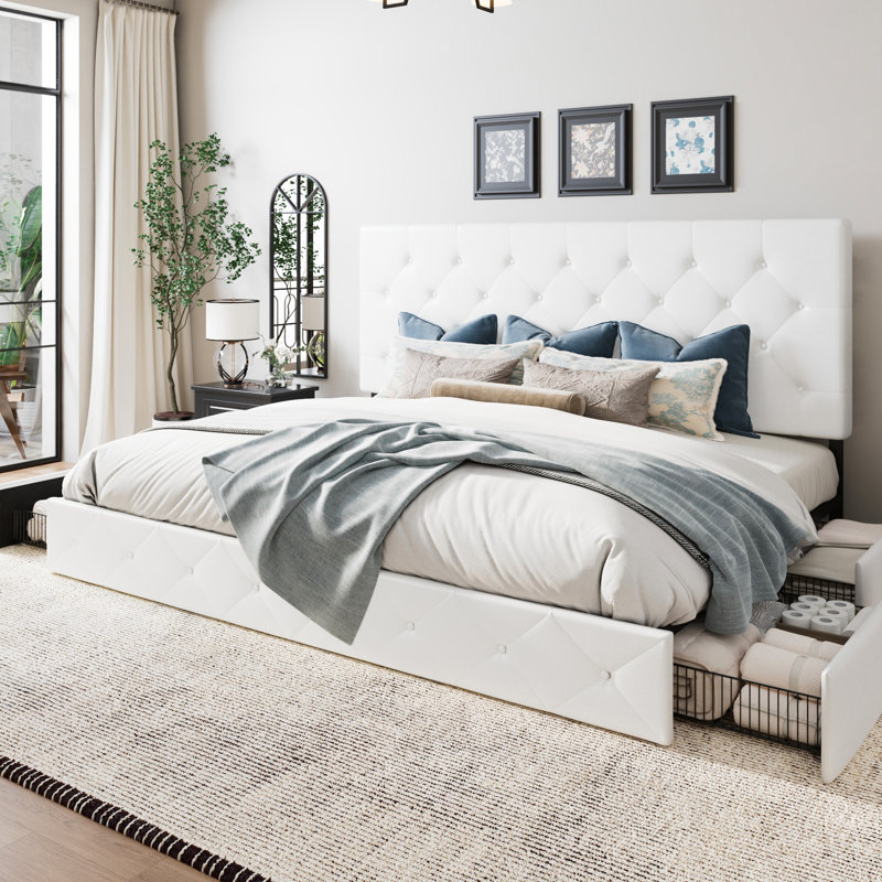 Silvester Modern Upholstered Platform Storage Bed with Wooden Slats, no box spring needed, Full, White Diamond Faux Leather