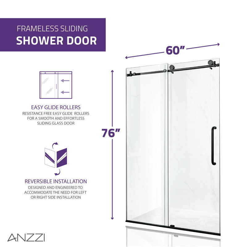 Leon 56"-60" W x 76" H Single Sliding Frameless Shower Door with Tsunami Guard, Polished Chrome