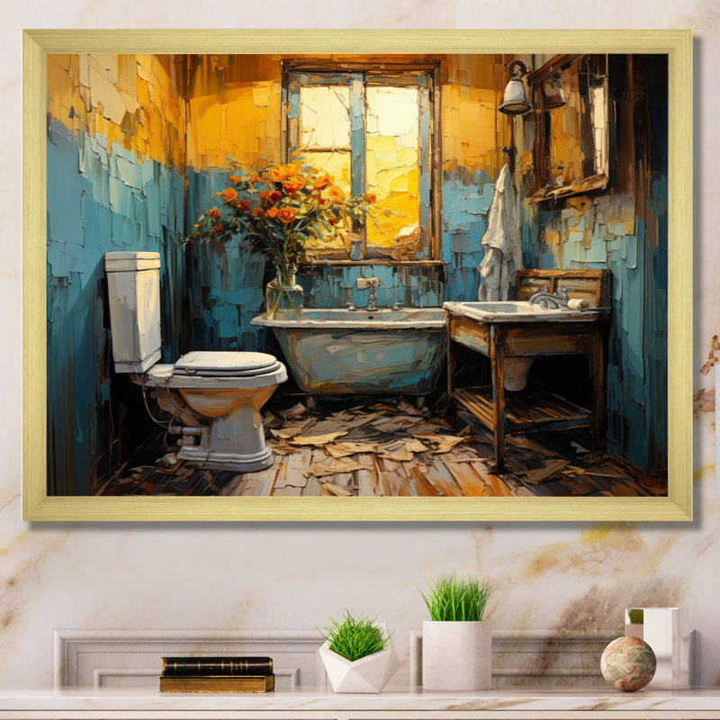 «Bathroom & Yellow», reproduction d'art sur toile Bath & Laundry, Encadrement doré, H 30 po x l 40 po x P 1,5 po