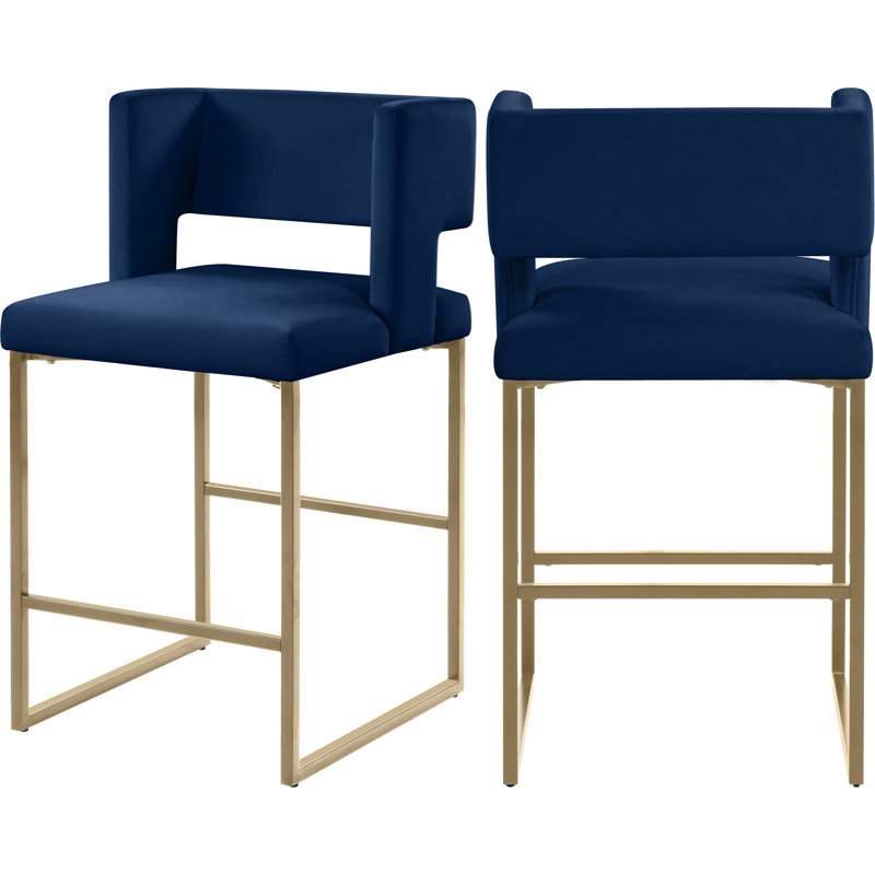 Caleb 26" Counter Stool, Brushed Gold, Navy Velvet