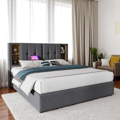 Linen Fabric 180 X 200Cm 6FT Super King Size Bed Frame With Wireless Charging(USB Type-C), Hydraulic Storage Bed With Hydraulic Lever (No Mattress)