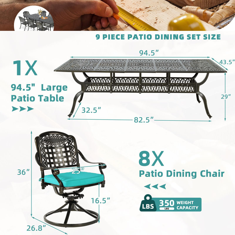 Meetwarm 9-Piece Outdoor Patio Dining Set, All Weather Cast Aluminum Patio Funiture Table And Chairs Set- 94.5" Rectangular Table And 8 Cushioned Swivel Rocker Chairs, Umbrella Hole