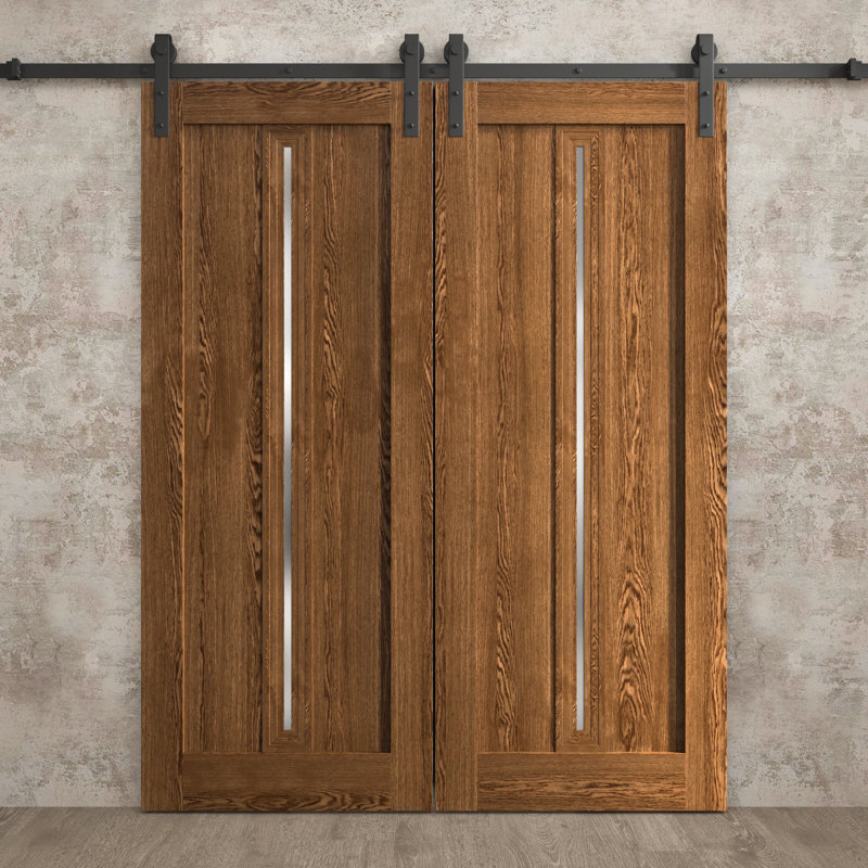 Modern Double Barn Door | Ego 5014 | Track Set | Solid Panel Interior Doors, Cognac Oak, 64'' x 96''