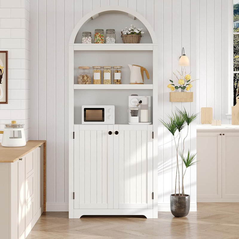 72" Arched Bookcase with Doors, 5-Tier Wood Bookshelf with Adjustable Shelf, White & Black, White
