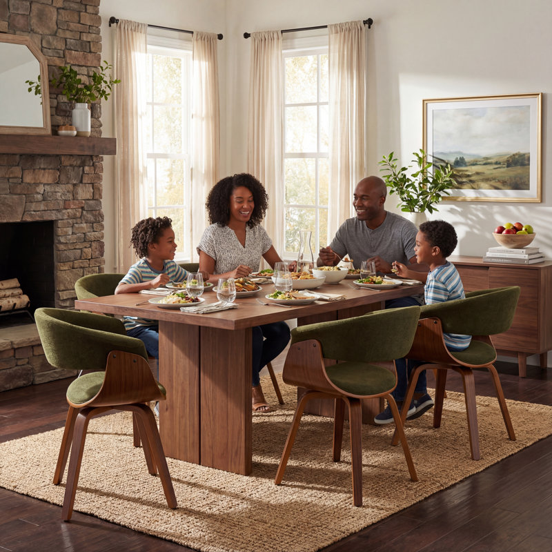 Modern Upholstered Dining Chairs, Green Fabric With Wooden Legs, Soft Padded Seat And Back, Scandinavian Kitchen And Dining Room Side Chairs​​