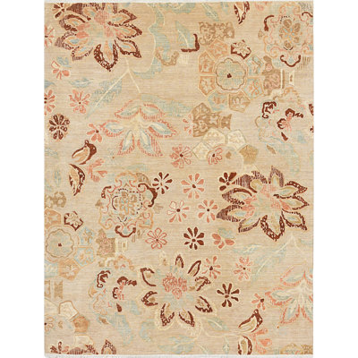 Tapis rectangulaire en laine noué à la main à motif floral sable