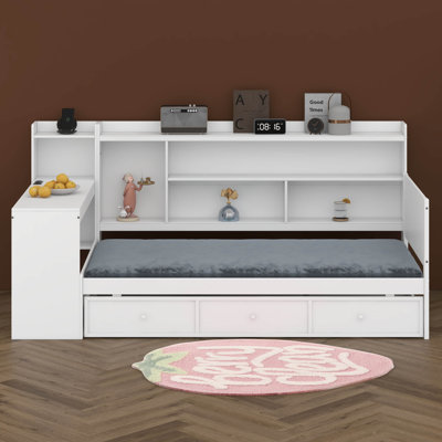 Lit de jour simple en bois avec tablettes et bureau de rangement, structure de canapé-lit avec 3 tiroirs de rangement, ports USB pour le salon, la chambre à coucher