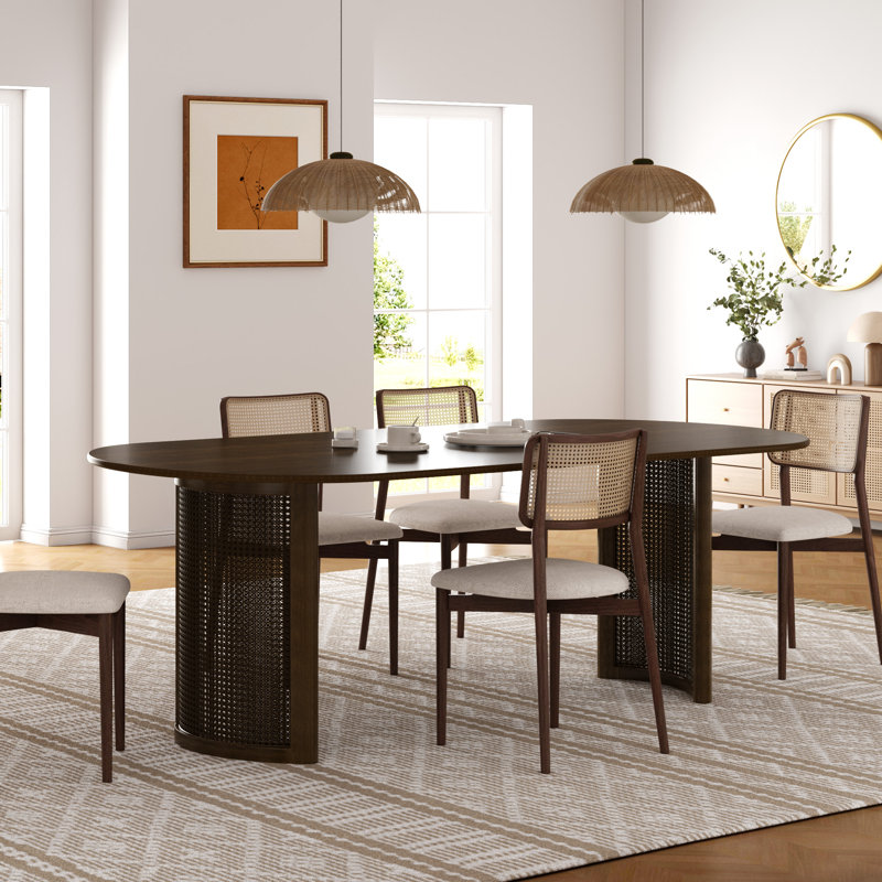 Table de cuisine ovale en bois H 30 po x P 33,5 po avec double caisson en rotin, H 30 po x L 67 po x l 33,5 po, Noyer