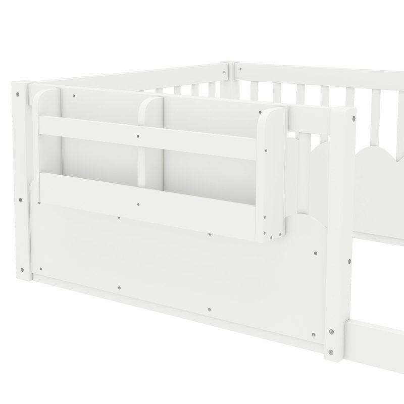 Taquile Kids Wood Floor Bed with Fence & Built-In Bookshelf, Twin, White