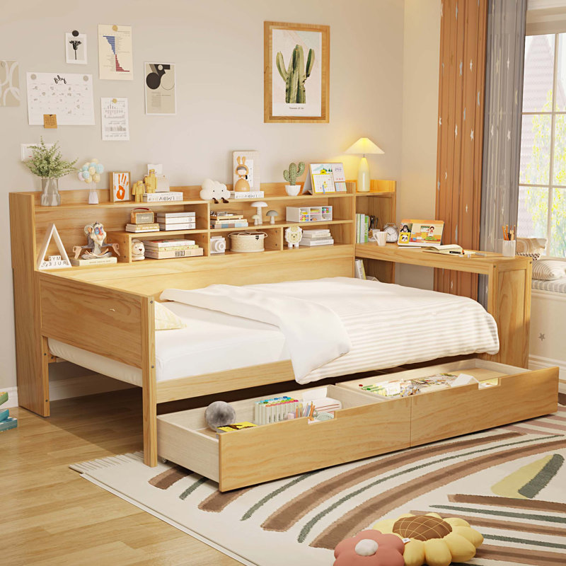 Lit de jour en bois avec tablettes de rangement, lit multifonctionnel avec deux tiroirs de rangement et bureau d'étude