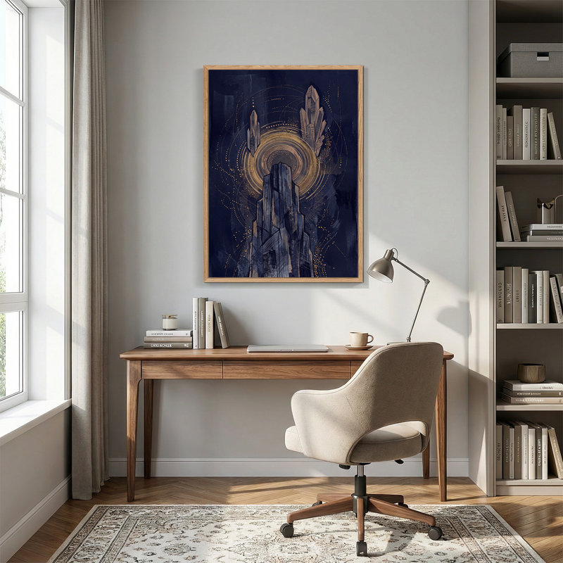 Art mural en toile bleu foncé avec des anneaux dorés brillants, 36"H x 24"W