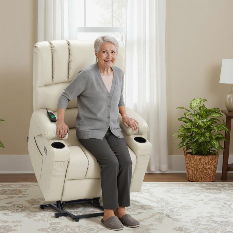 Fauteuil inclinable électrique Aneria avec massage et chaleur, repose-pieds allongé, similicuir, Crème, crème