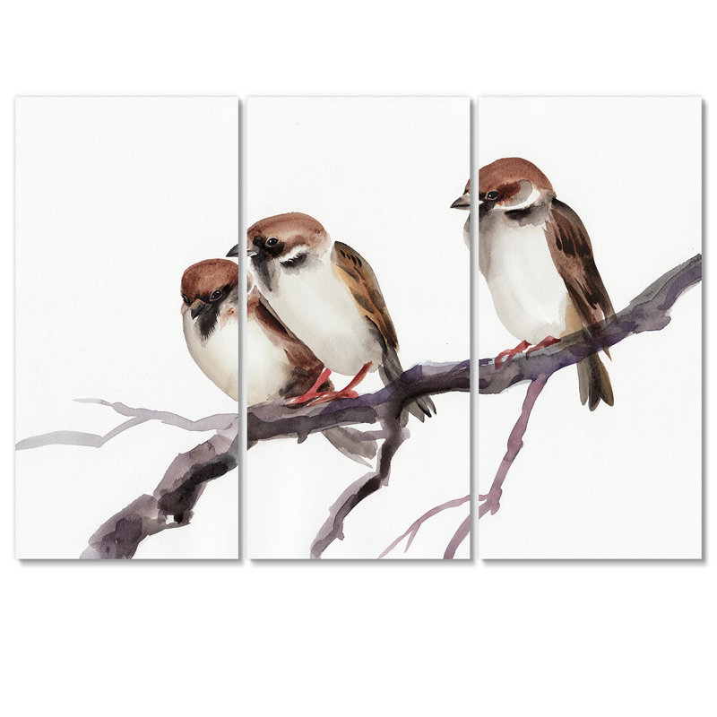 Trois moineaux sur une branche - reproduction d'art sur toile traditionnelle - PT40848, H 28 po x l 36 po x P 1 po