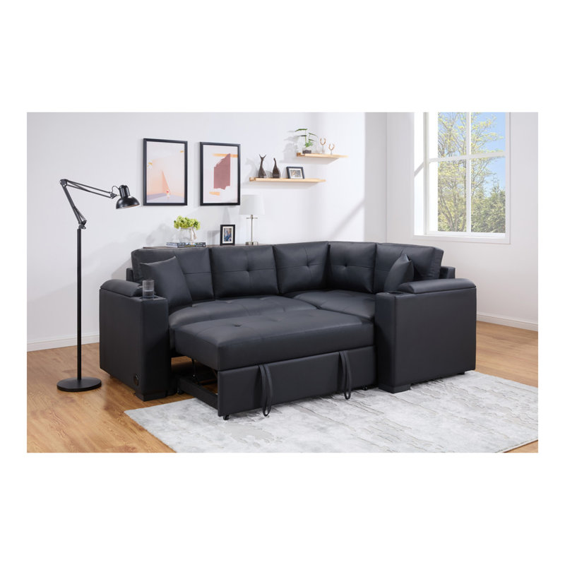 Donovan 84.5"W Black PVC Fabric Sleeper Sectional with USB Charger, Cupholders, Storage Arms