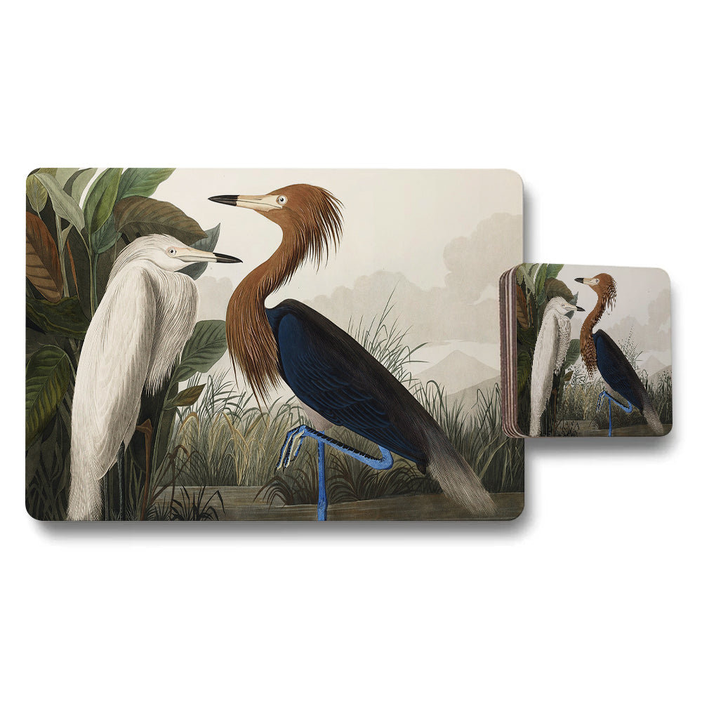 Egret And Heron Placemats And Coaster Set Rustic Nature Decor