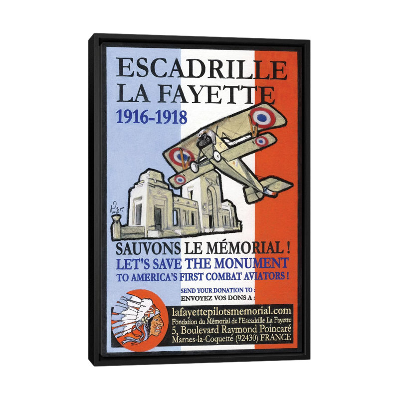 «Escadrille De Lafayette», affiche vintage sur toile, H 26 po x l 18 po x P 1,5 po, Toile avec cadre noir, Pas de tapis