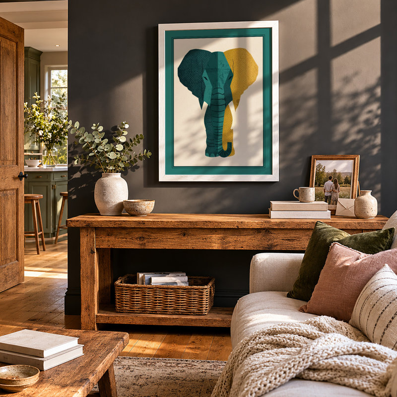 Geometric Elephant Art Deco - Framed Print, A2 - 59.4 x 42.0 cm, White