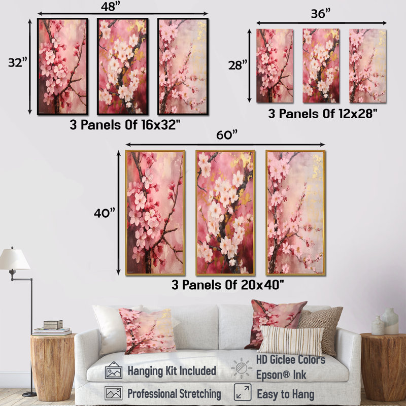 Cherry Blossoms Dark Pink Collage, Black Floater Framed, 32" H x 48" W