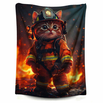 Couverture de chat orange avec combinaison de pompier, jetés, cadeaux pour adulte, canapé moelleux en flanelle légère, moelleuse, en flanelle, toutes saisons, 50 x 60 po