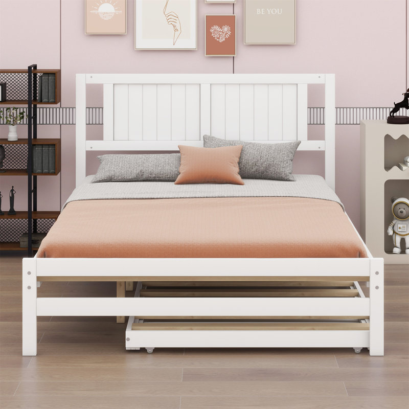Platform Bed With Adjustable Trundle, White