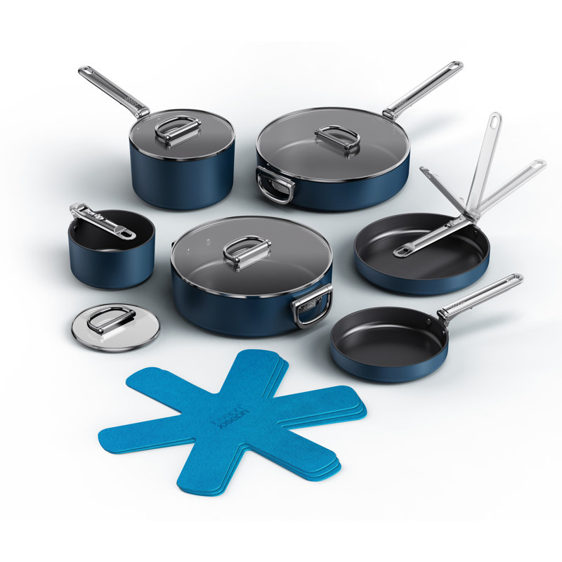 Blue Aluminum Non-Stick 10-Piece Cookware Set with Folding Handles