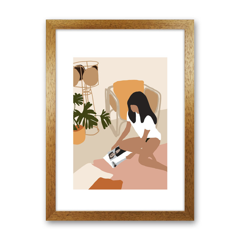 Mica Girl With Magazine N4 by Pixy Paper - Print, 42cm H x 29.7cm W x 3cm D, Oak Framed