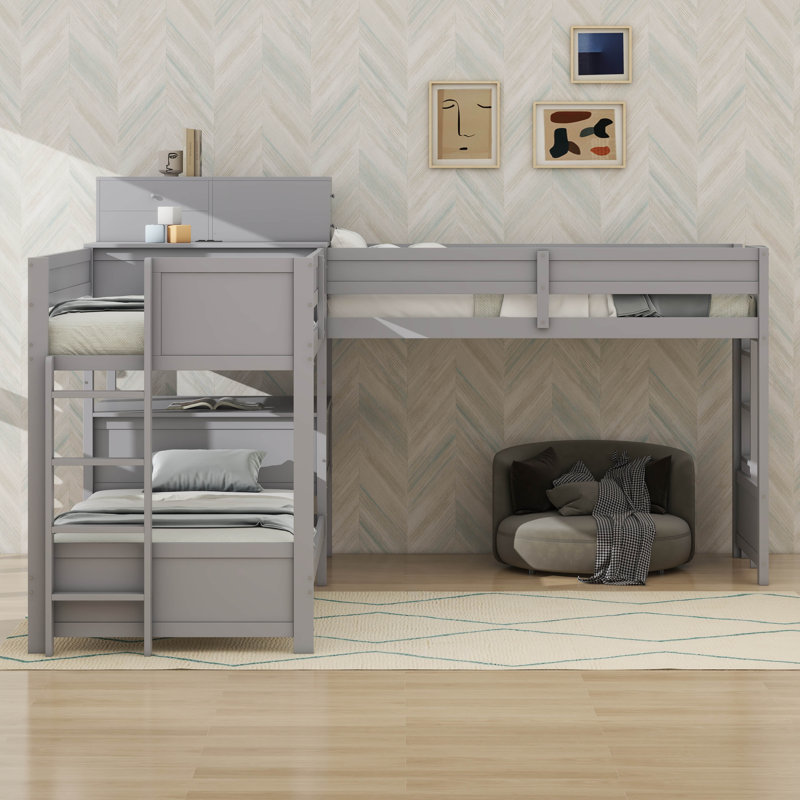 Lit simple superposé en forme de L avec bureau et tiroirs de rangement, lit superposé peu encombrant avec ports USB, Gris