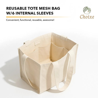Reusable Organic Cotton Mesh Grocery Tote, 16" x 12" x 7", Shopping Bag, Natural Beige, 6 Internal Sleeves for Organization